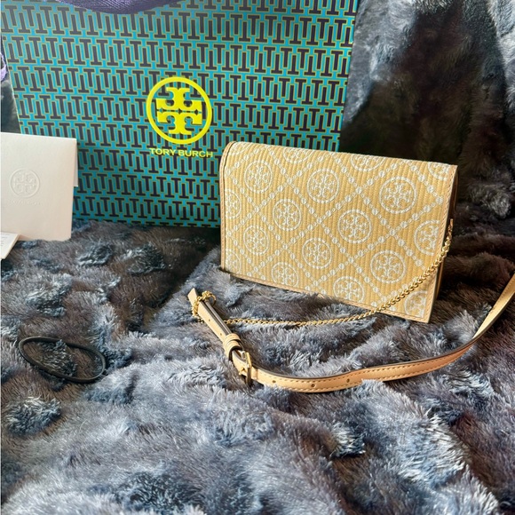 Tory Burch T Monogram Raffia Gold Chain purse Natural - Picture 8 of 12